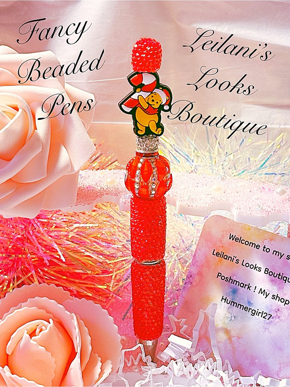 Fancy Beaded Red Glitter Pen with Winnie-the-Pooh Charm/ Fancy beaded Pen/gifts